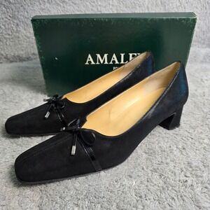 Amalfi by‎ Rangoni Black Italian Leather Square Toe Bow Pumps Heels 10.5 AA NEW